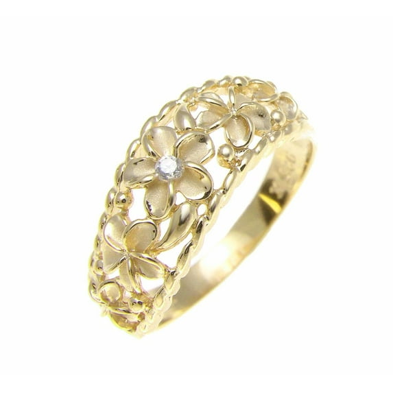 Yellow gold plated 925 sterling silver 5 Hawaiian plumeria flower cz ring curve style Size 8.5