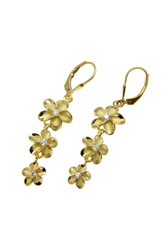 Yellow gold plated 925 sterling silver Hawaiian 12mm-10mm-8mm plumeria leverback earrings cz