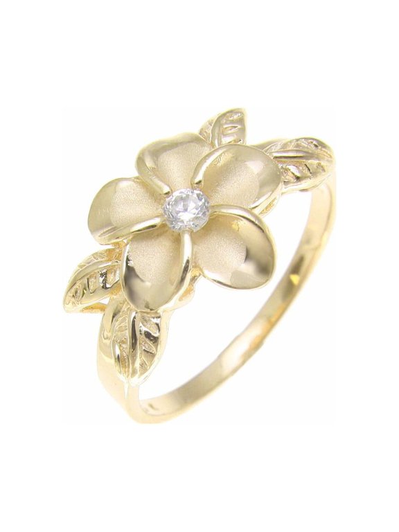 Yellow gold plated 925 sterling silver Hawaiian plumeria flower cz maile leaf leaves ring size 5