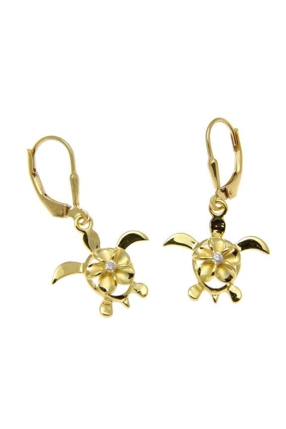 Yellow gold plated 925 sterling silver Hawaiian plumeria honu turtle leverback earrings cz