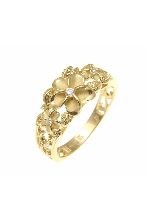 Yellow gold plated silver 925 Hawaiian 3 plumeria flower cz ring maile leaf cut out scroll size 3 to 10
