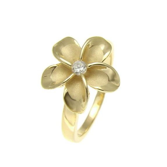Yellow gold plated sterling silver 925 15mm Hawaiian plumeria flower cz ring size 3 to 10