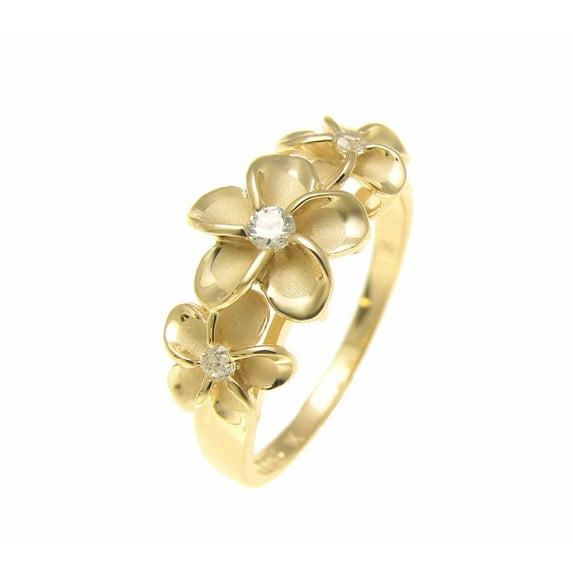 Yellow gold plated sterling silver 925 Hawaiian 3 cz plumeria flower ring size 10