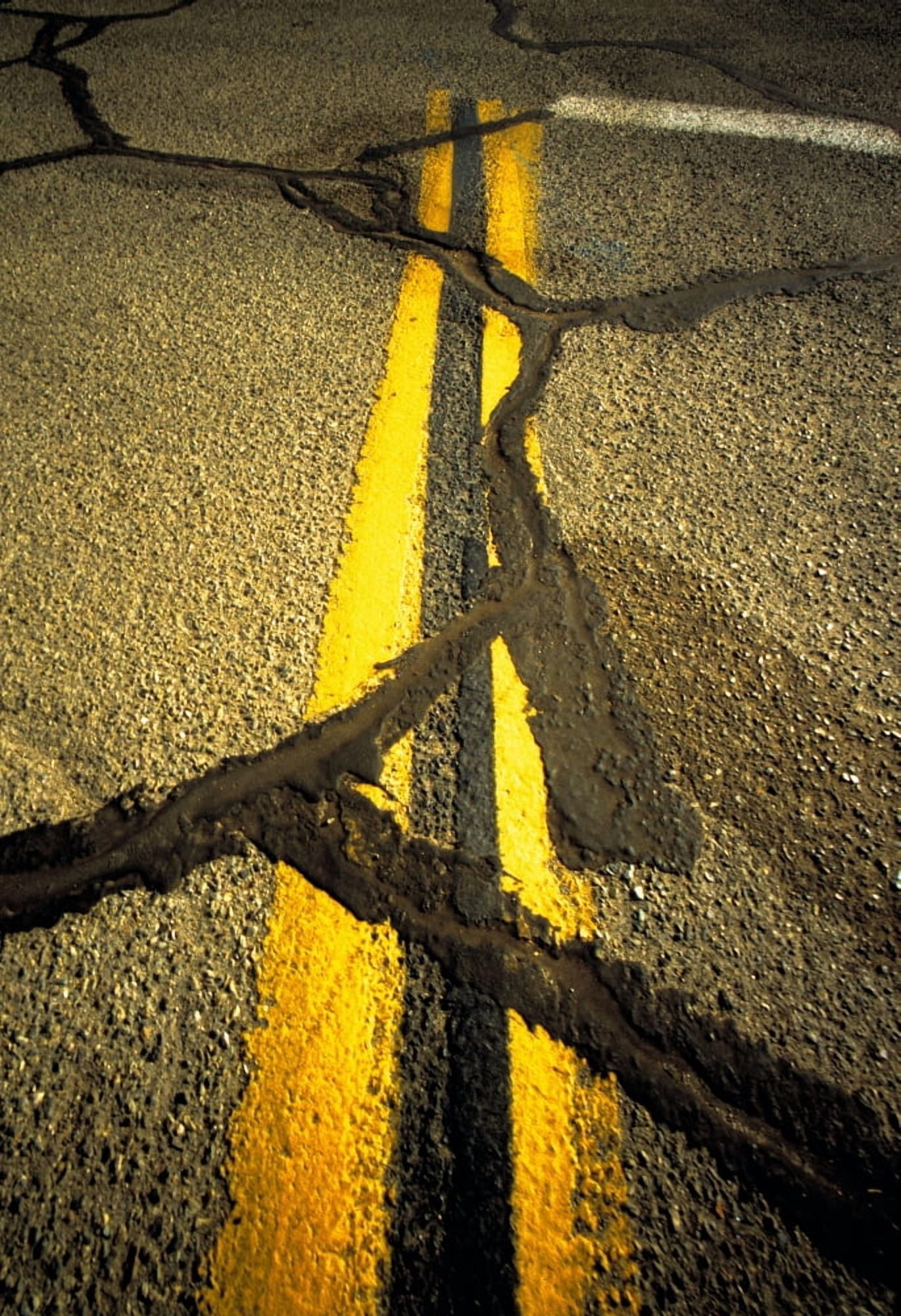 Yellow lines with repaired cracks on road Canvas Art - Panoramic Images (36 x 24)