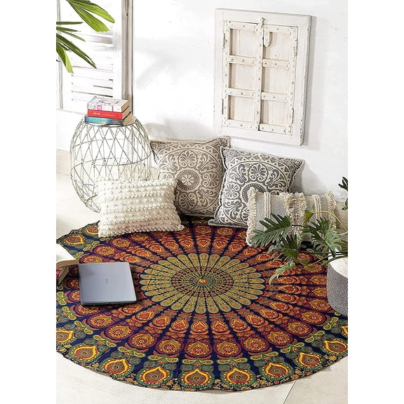 Yellow mandala round beach tapestry hippie/bohemian beach blanket/Indian cotton blanket bohemian round tablecloth/aesthetic tapestry/yoga mat meditation picnic mat 127 cm/50-inch round