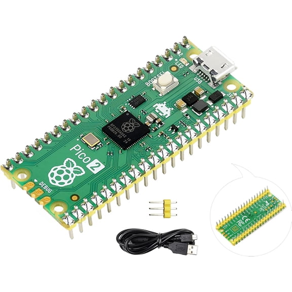 Yellow pre-soldered pins compatible Raspberry Pi 2 microcontroller board, based on the official 2350 chip, dual-core & dual architecture design with 4 flash, 3 pieces