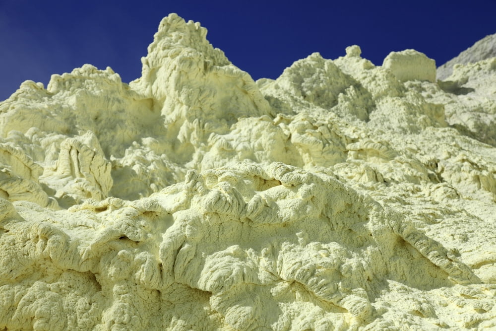 Yellow sulphur deposits inside crater Kawah Ijen volcano Java Indonesia Canvas Art - Richard RoscoeStocktrek Images (35 x 23)