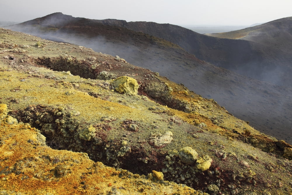 Yellow sulphurous deposits Nyamuragira Volcano Canvas Art - Richard RoscoeStocktrek Images (18 x 12)