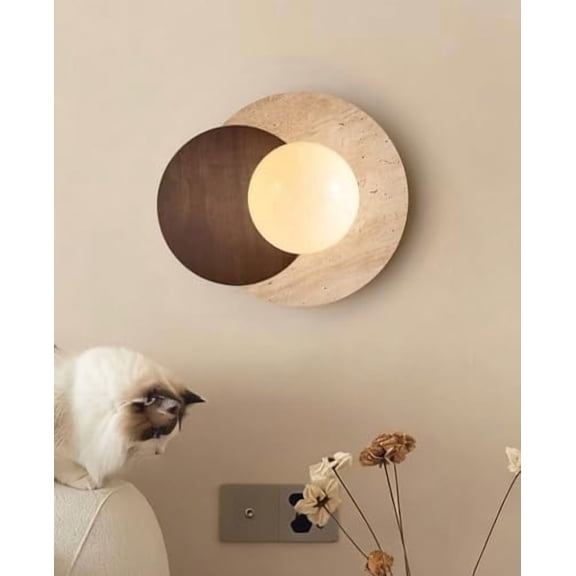 Yellow tRAVERTINE wALL sCONCE, mODERN wABI sABI wALL lIGHT fIXTURE WITH sTONE & wOODEN bASE, nATURAL vINTAGE mARBLE wALL lAMP FOR bEDROOM bEDSIDE lIVING rOOM kITCHEN iSLAND aRT dECO lIGHT