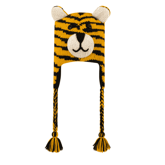 Yellow tiger Woolen Animal Hat Hand-Knitted with Micro Fleece Lining for Children, Teens & Adults