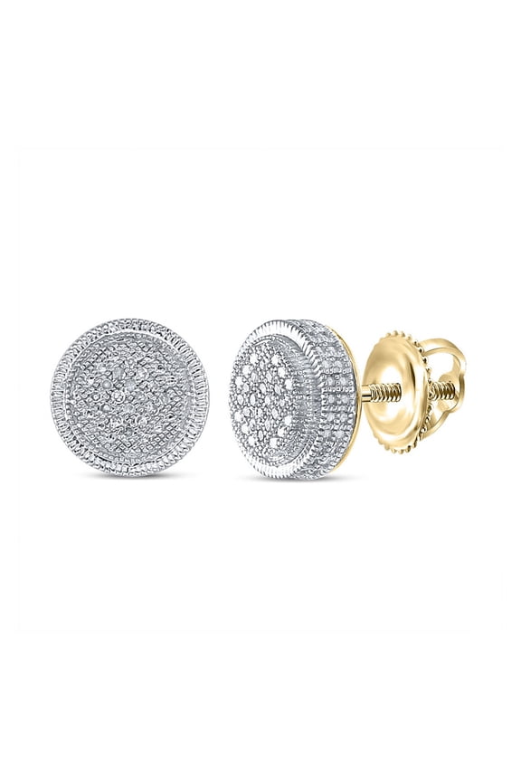 Yellow-tone Sterling Silver Mens Round Diamond Disk Circle Cluster Earrings 1/10 Cttw