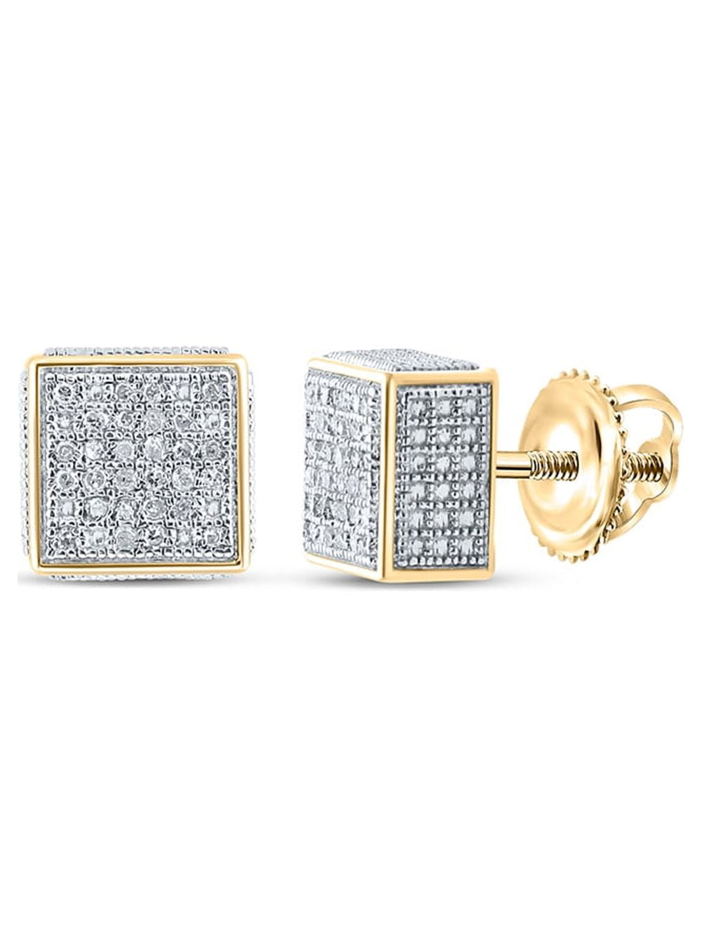 Yellow-tone Sterling Silver Mens Round Diamond Square Earrings 1/6 Cttw