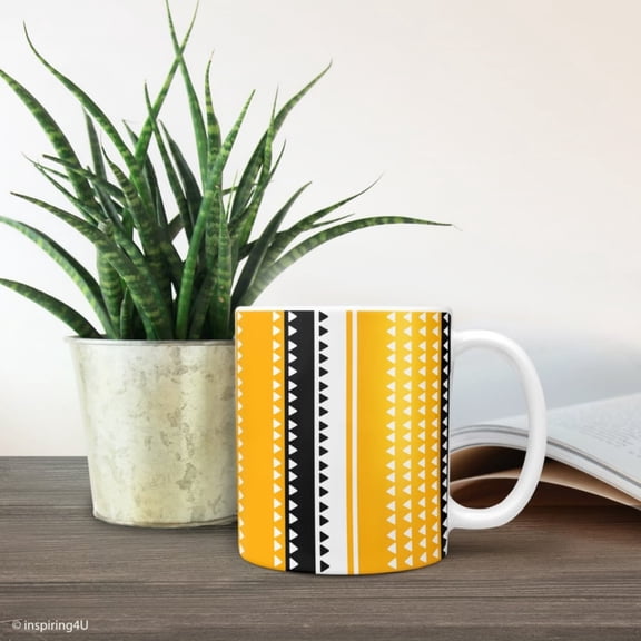 Yellow triangles pattern mug, Ceramic coffee mug, Yellow mug, Office coffee mug, Abstract mug, Black white Geometric mug, Unique Tea Mug..