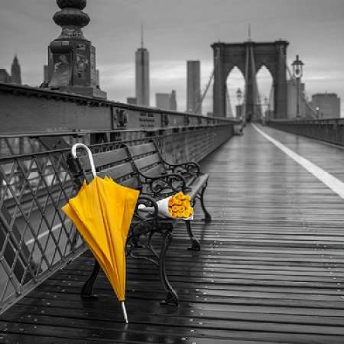 Yellow umbrella and bunch of roses on bench on pedestrian pathway Brooklyn bridge New York Canvas Art - Assaf Frank (24 x 24)
