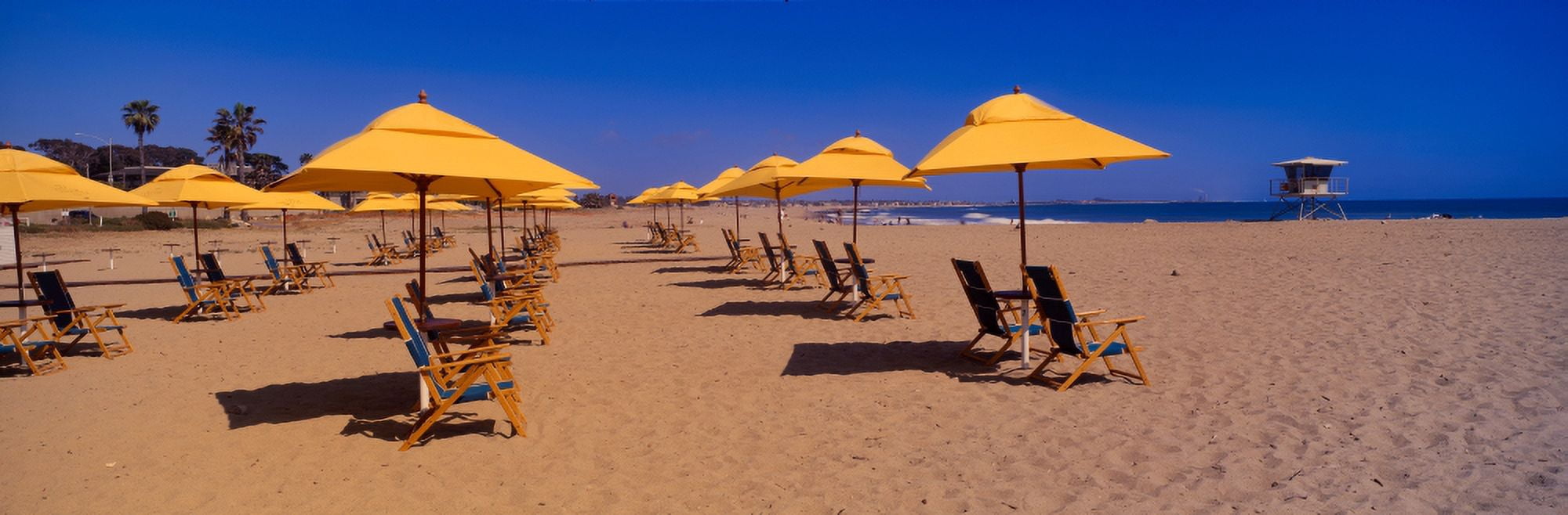 Yellow umbrellas and beach chairs on Ventura beach California Canvas Art - Panoramic Images (36 x 12)