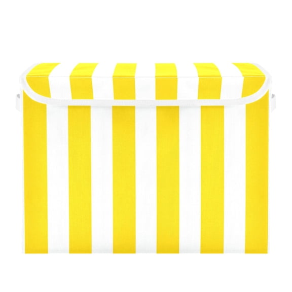 Yellow-white Broad Stripes Foldable Storage Bin with Lid and Handle Collapsible Storage Box 16.5 x 12.6 x 11.8 inches