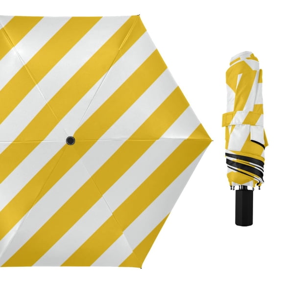Yellow-white Diagonal Stripes All Weather Umbrella Triple Folding Parasol 6 Ribs UV Protection Portable