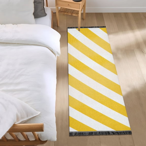 Yellow-white Diagonal Stripes Bedside Runner Rug 2'x 6' Non Slip Carpet Floor Mat Area Rug