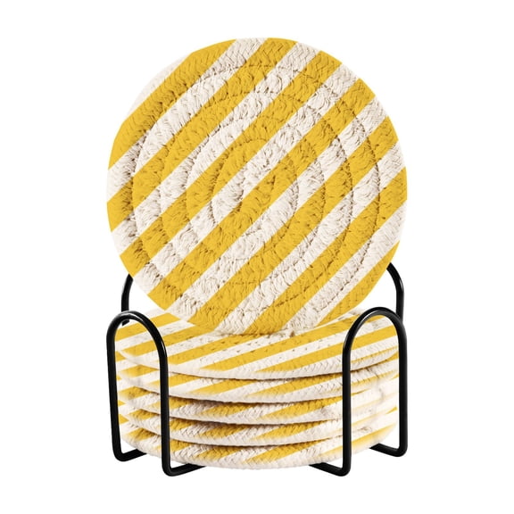 Yellow-white Diagonal Stripes Drinking Coasters Cup Mat with Holder for Kitchen Cafe Bar 6 Packs