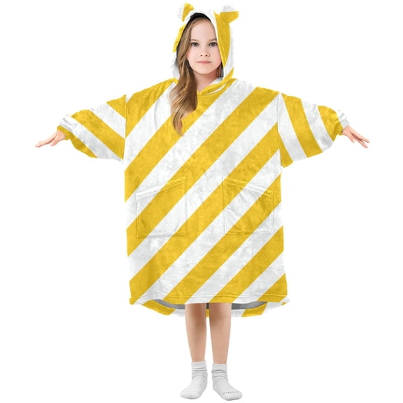 Yellow-white Diagonal Stripes Flannel Wearable Blankets Hooded Design Long Sleeves Wrap Unisex for 3T-14Y S