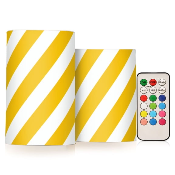 Yellow-white Diagonal Stripes Flickering Flameless Candles LED Tealight Battery Operated with Remote Set of 2 Holiday Decor Ornaments
