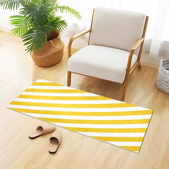 Yellow-white Diagonal Stripes Plush Carpet Non Slip Runner Rug Absorbent Bath Mat 39" x 20"