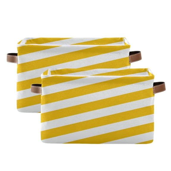 Yellow-white Diagonal Stripes Square Storage Bins with Handles Collapsible Containing Box 2 Packs