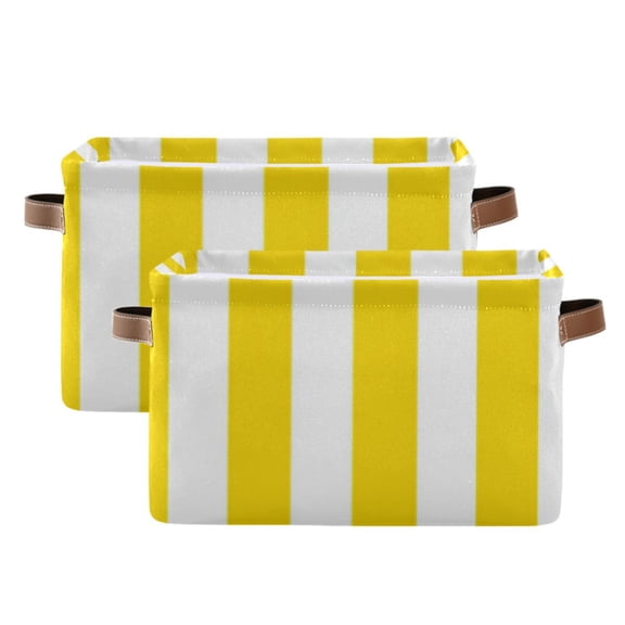 Yellow-white Narrow Stripes Square Storage Bins with Handles Collapsible Containing Box 2 Packs