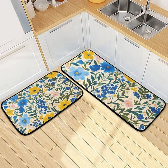 Yellow with Blue Flower Kitchen Mat Set of 2 Cushioned Non Slip Rugs for Bedroom Floor Runner Mats