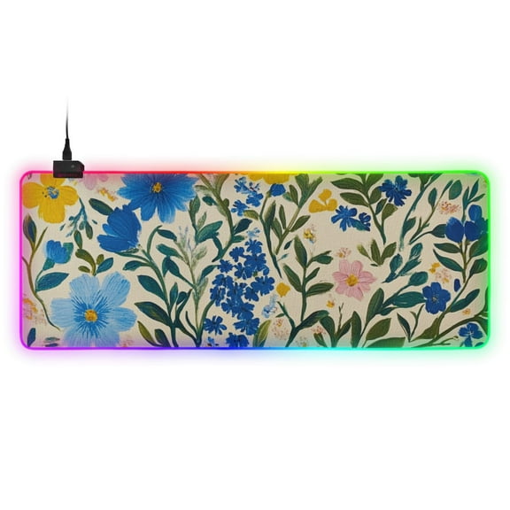 Yellow with Blue Flower RGB Gaming Mouse Pad Large Keyboard Mat Rubber Base 13 Light Modes