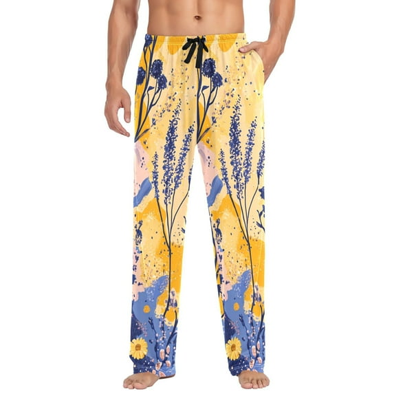 Yellow with Blue Flowers and Plants Mens Cotton Pajama Pant Sleep and Lounge Bottons with Pockets