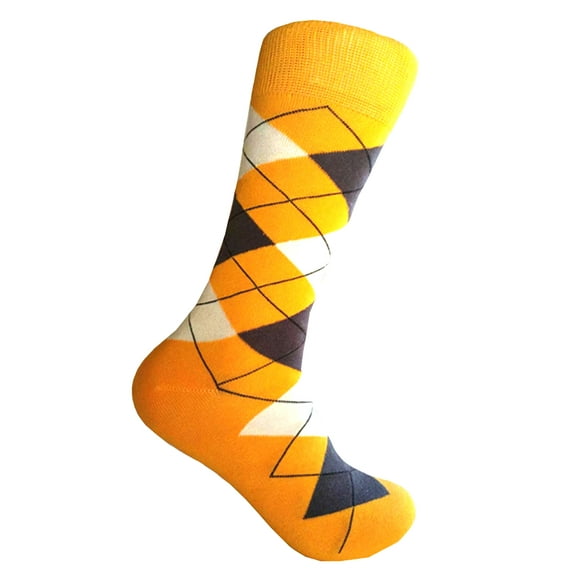 Yellow with Dark Gray and White Color Mid-calf Argyle Dress Casual Socks for men
