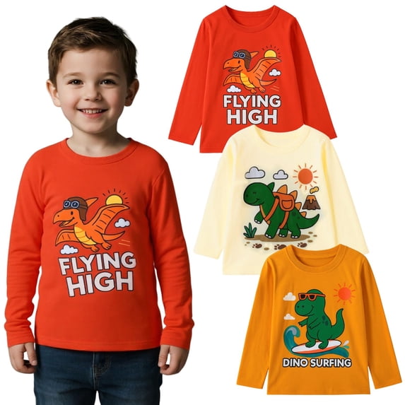 HILEELANG Toddler Boys(2Y-7Y) Shirt 3-Pack Dinosaurs Graphic Long-Sleeve Tees Winter Cotton Casual Crewneck T-Shirts Sets 2T
