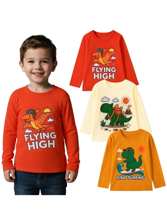 Toddler Boys Long Sleeve T-Shirts 3-Pack, Cotton Dinosaur Graphic Crewneck Tees, Colorful Dino Prints, Size 2-7Y