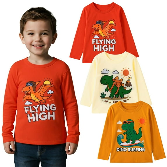 HILEELANG Toddler Boys(2Y-7Y) Shirt 3-Pack Dinosaurs Graphic Long-Sleeve Tees Winter Cotton Casual Crewneck T-Shirts Sets 5T