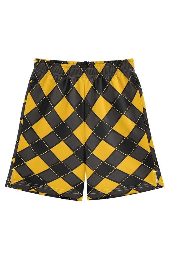Yellowand Black Grid Pattern Athletic Shorts Breathable with Comfort Fit Drawstring Casual Sweatshorts Medium