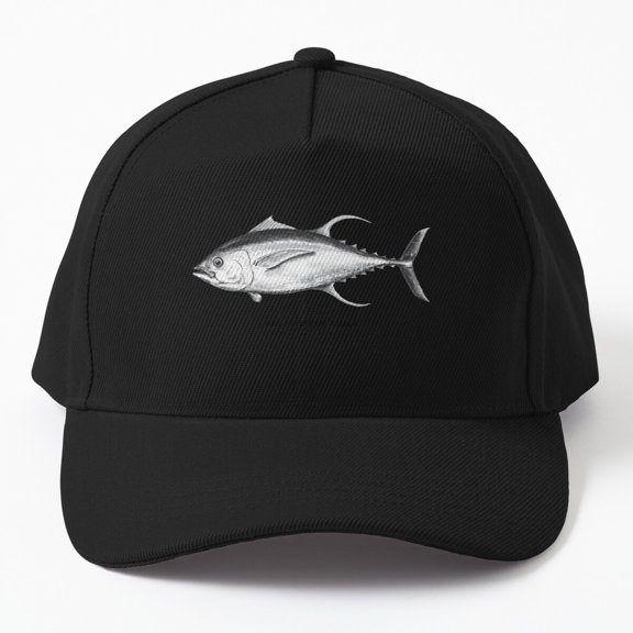 Yellowfin Tuna Baseball Cap, Black and White Detailed Fish Illustration, Classic Hat