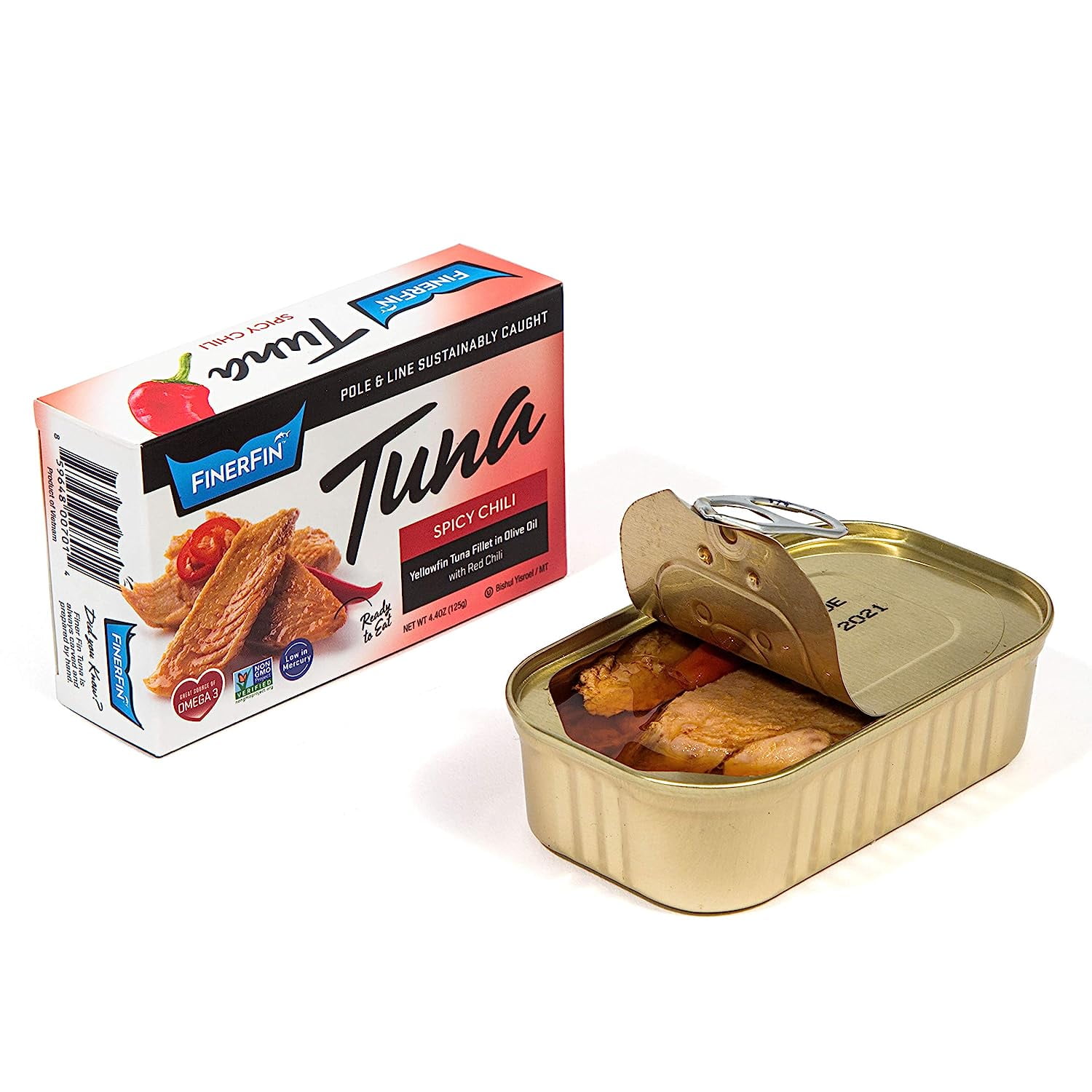 Yellowfin Tuna Can in Organic Olive Oil by FinerFin Spicy Tuna Chili Flavor Gourmet Canned