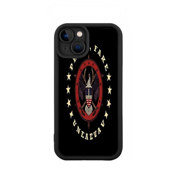Yellowing Resistant Lightweight iPhone 15 Case - Eagle Emblem with Stars Circular Design PLAVE FARE & UNEAUTAV Text
