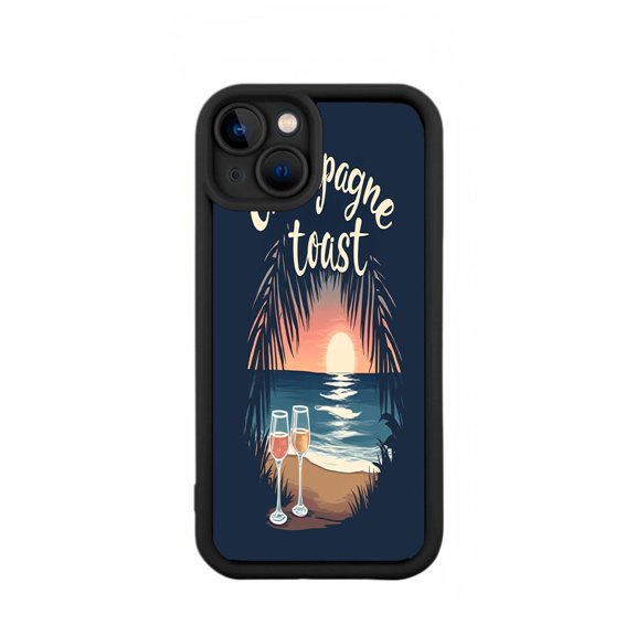 Yellowing Resistant Lightweight iPhone 15 Case - Elegant Sunset Beach Design with Palm Trees & Champagne Pattern