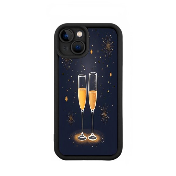 Yellowing Resistant Lightweight iPhone 15 Case - Festive Fireworks & Champagne Glasses Design on Dark Background