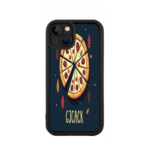 Yellowing Resistant Lightweight iPhone 15 Case - Fun Pizza Design with Autumn Leaves & Playful ' GJACK ' Text