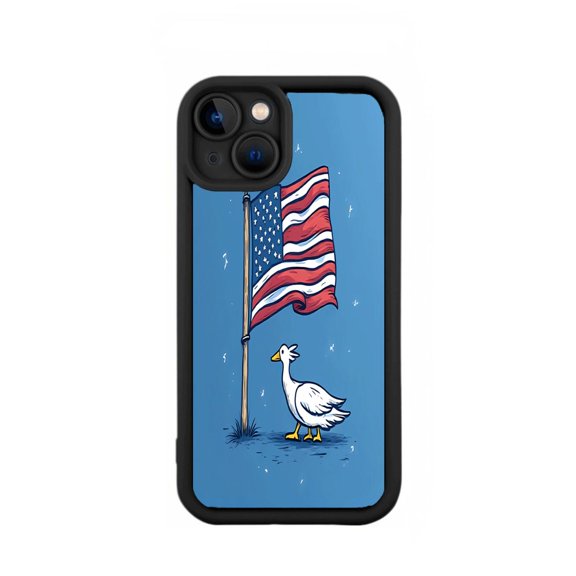 Yellowing Resistant Lightweight iPhone 15 Case - Stylish Blue Background with White Goose & American Flag Pattern Design