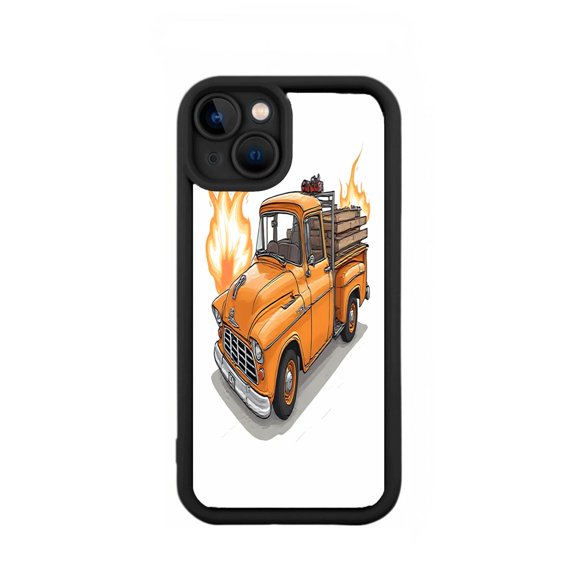 Yellowing Resistant Lightweight iPhone 15 Case - Stylish Vintage Pickup Truck Design with Fiery Flames Perfect for Classic Car Lovers