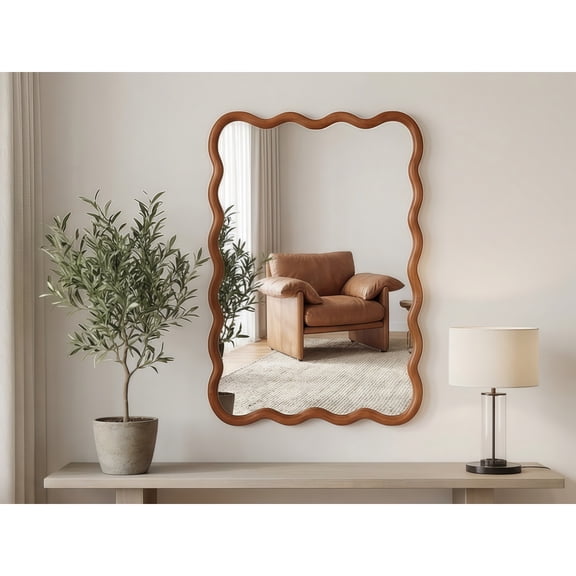 Yellowish Brown 20"x30" Wavy Rectangle Solid Wood Frame Decorative Mirror, for Bedroom Bathroom Living Room Entryway