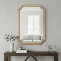 Yellowish Brown 24" x 36" Solid Wood Rounded Corner Decorative Mirror, Wall-Mounted Accent Mirror for Bedroom, Bathroom, Living Room, Entryway