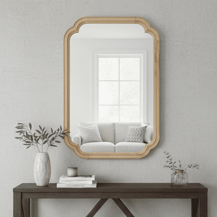 Yellowish Brown 24" x 36" Solid Wood Rounded Corner Decorative Mirror, Wall-Mounted Accent Mirror for Bedroom, Bathroom, Living Room, Entryway