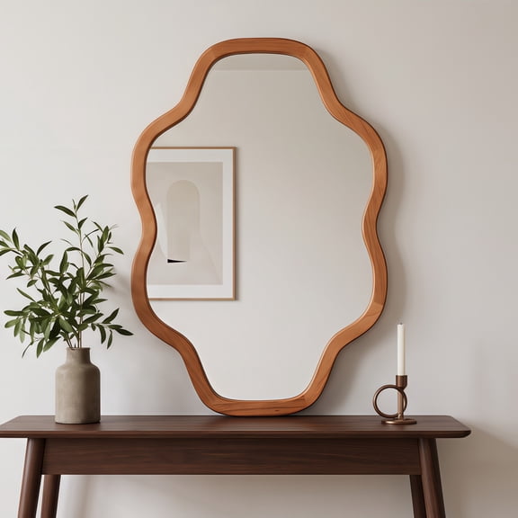 Yellowish Brown 24"x36" Cloud Shape Solid Wood Franme Decorative Mirror,Irregular Wooden Framed Decorative Vanity Mirror, Rustic Farmhouse Accent Mirror for Bathroom, Entryway, Living Room