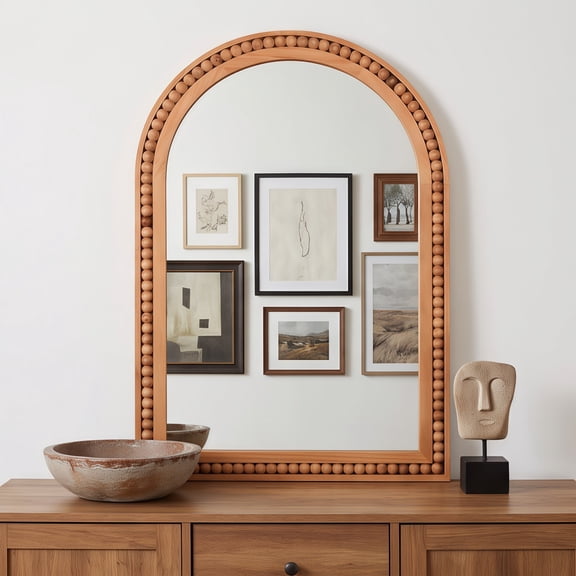 Yellowish-Brown 24x36 Inch Arched Wall Mirror with Beaded Solid Wood Frame,Rustic Farmhouse Decor Mirror for Entryway,Bathroom or Living Room,Easy to Hang