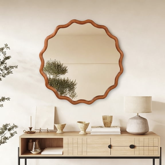 Yellowish Brown 36 inch Wavy Round Solid Wood Frame Decorative Mirror,For Bedroom Bathroom Living Room Entryway